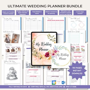 May include: A digital wedding planner bundle with 115 pages, fully editable in Canva. The cover features a watercolor floral design with the text "My Wedding Planner". The bundle includes checklists, budget trackers, seating charts, and more.