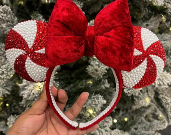 Holiday Candy Cane Rhinestone Mouse Ears | Red and White ears | sparkle | handmade rhinestone headband |