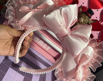 Oreilles de Minnie Mouse coquettes pour la Saint-Valentin avec noeud et bande de perles Oreilles de Minnie en satin de tissu cosplay