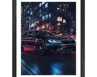 May include: A framed print featuring a black car speeding through a city at night. The car's headlights and taillights create streaks of light against the backdrop of illuminated buildings. The image has a dark, cinematic feel.