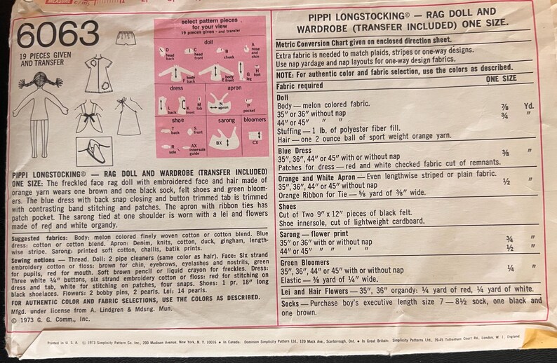 May include: A sewing pattern for a rag doll and wardrobe. The pattern includes instructions for making a doll, dress, apron, sarong, bloomers, shoes, and accessories. The pattern is for one size and includes a transfer sheet.
