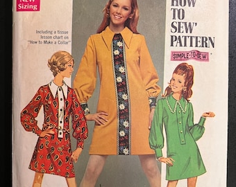 Vintage Simplicity Sewing Pattern 8366, Simple-To-Sew  Misses' GoGo Dress in Two Lengths, 1969, Cut/Complete, Size 14, B 36, W 27, H 38