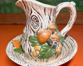 Vintage 1970s Ayner's & Byron Mold, Hand Painted, Wood Stump Style, Ceramic Mushroom Pitcher and Bowl