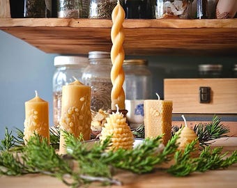 May include: A collection of beeswax candles in various shapes and sizes, including a spiral candle, a honeycomb candle, and a floral-patterned candle. The candles are arranged on a wooden surface with green foliage.