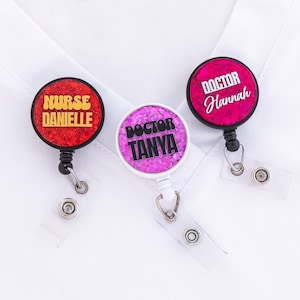 Custom Name Nurse Glitter Badge Reel with Credentials | Doctor Badge ID Holder | Handmade Personalized RN Gift | Nursing Student Badge Clip