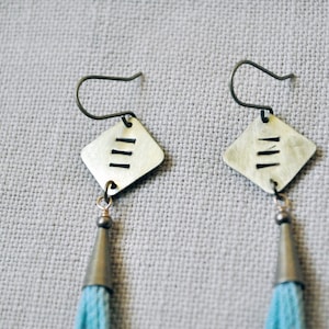 Mini Tassel Earrings with hammered brass in aqua