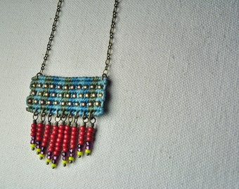 Circuit Necklace with Beaded Fringe in Sage/Red