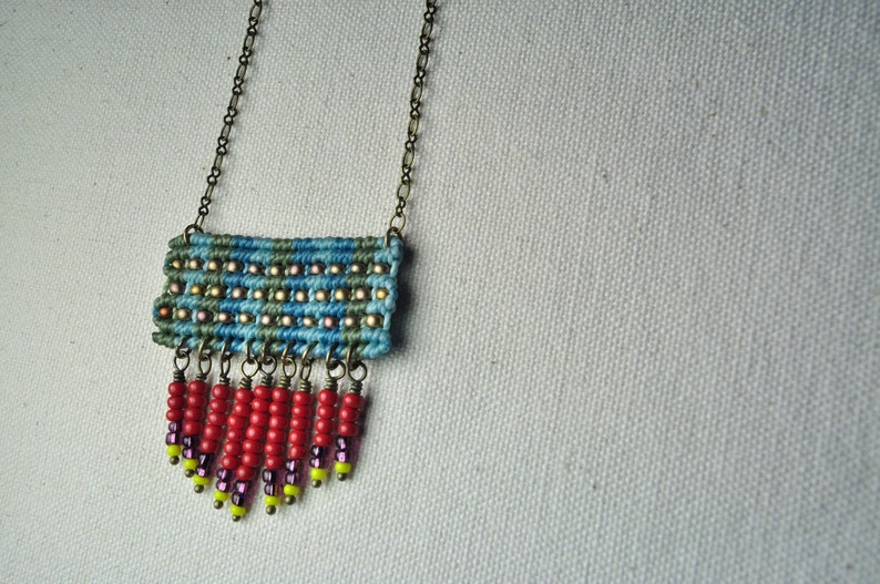 Circuit Necklace with Beaded Fringe in Sage/Red image 1