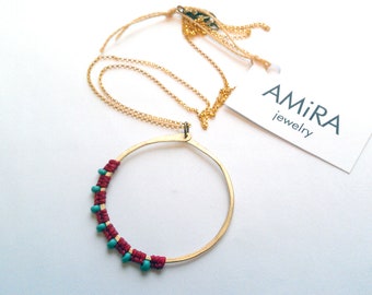 Full Moon Rising brass necklace red with turquoise czech glass beads