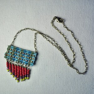 Circuit Necklace with Beaded Fringe in Sage/Red image 2