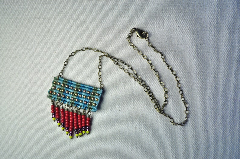 Circuit Necklace with Beaded Fringe in Sage/Red image 2