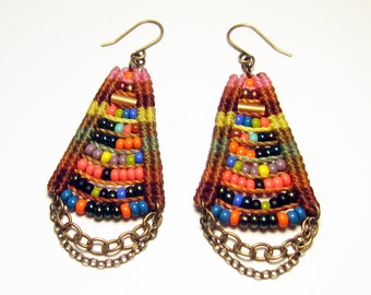 Woven Temple Earrings in Camel & Pink Multicolor