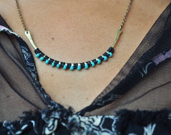 Curved Hammered Brass Necklace black and turquoise