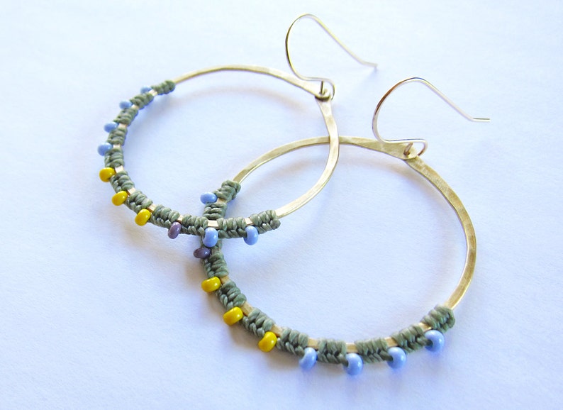 Full Moon Rising Hoops in sage green and periwinkel and yellow image 1