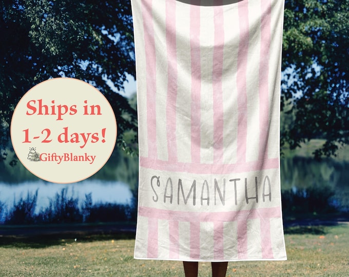 Watercolor Striped Personalized Beach Towel, Soft Pastel Colors