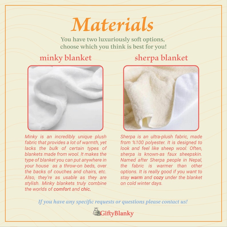 May include: A graphic comparing two types of blankets: minky and sherpa. The minky blanket is white and fluffy, while the sherpa blanket is white and has a more textured look. The text on the graphic reads "Materials" and describes the features of each blanket.