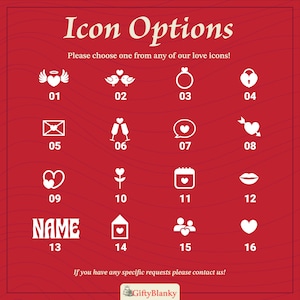 以下が含まれることがあります： 赤色の背景に白いアイコンとテキスト。テキストは「Icon Options」と「Please choose one from any of our love icons!」と書かれています。ハート、指輪、南京錠など、16個の番号付きアイコンがあります。