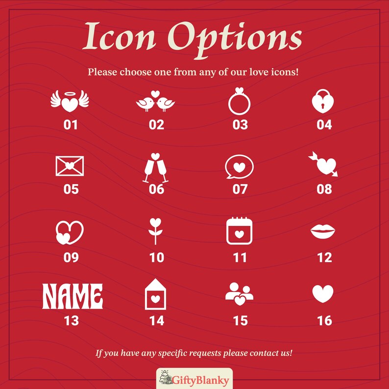 以下が含まれることがあります： 赤色の背景に白いアイコンとテキスト。テキストは「Icon Options」と「Please choose one from any of our love icons!」と書かれています。ハート、指輪、南京錠など、16個の番号付きアイコンがあります。