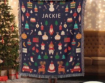 Personalized Christmas Woven Tapestry Blanket: Folk Pattern Throw with Custom Name