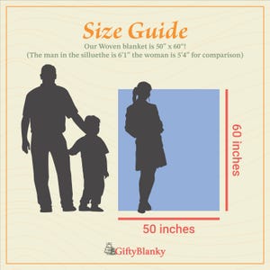 May include: A size guide for a woven blanket, showing the blanket is 50 inches wide and 60 inches long. Silhouettes of a man and a woman are shown for scale, with the man being 6'1" tall and the woman being 5'4" tall.
