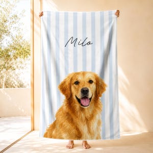 May include: A rectangular towel featuring a light blue and white vertical striped pattern. The towel displays a large, detailed illustration of a golden retriever dog with its tongue out, and the name Milo written in black cursive script.