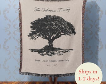 Personalized Family Tree Woven Tapestry: Custom Last Name and Family Members Throw for Thanksgiving