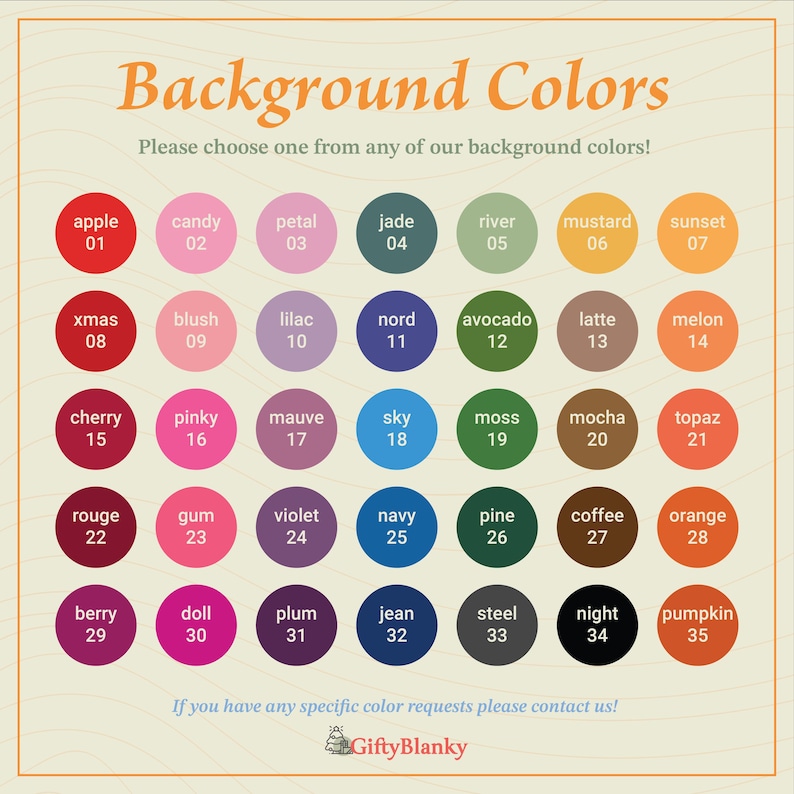 May include: A chart of 35 different color swatches, each with a number and a name. The colors include apple, candy, petal, jade, river, mustard, sunset, xmas, blush, lilac, nord, avocado, latte, melon, cherry, pinky, mauve, sky, moss, mocha, topaz, rouge, gum, violet, navy, pine, coffee, orange, berry, doll, plum, jean, steel, night, and pumpkin.