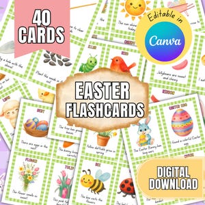 May include: A collection of 40 Easter flashcards with colorful illustrations and text. The cards feature images of Easter eggs, bunnies, flowers, and other spring-themed objects. The words "Easter Flashcards" and "Digital Download" are also visible.