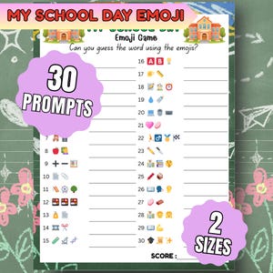 Op de afbeelding: Een afdrukbaar "My School Day Emoji"-spel met 30 prompts om woorden te raden met behulp van emoji's. Het spel bevat twee formaten en bevat schoolthema-afbeeldingen en tekst. De achtergrond is in schoolbordstijl.