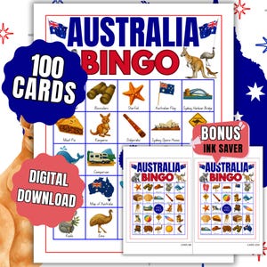May include: A digital download of Australia Bingo cards. The cards feature illustrations of Australian icons like kangaroos, the Sydney Opera House, and the Australian flag. The set includes 100 cards and a bonus ink-saver option.