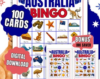 Australia Bingo Game Printable, 100 Unique Cards Large Group Activity, Australian Aussie Party Games for Kids and Adults (PDF Download)