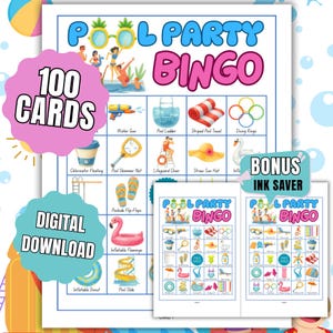 May include: A Pool Party Bingo game set featuring 100 cards as a digital download. The game board displays colourful illustrations of summer items like water guns, pool ladders, striped towels, diving rings, flip-flops, and an inflatable flamingo.