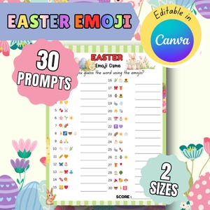 Op de afbeelding: Een afdrukbaar Paas Emoji-spel met 30 prompts, met kleurrijke graphics en de tekst "Easter Emoji". Het ontwerp bevat een roze bloemvormige afbeelding met de tekst "30 PROMPTS" en een blauw-groene banner met de tekst "EASTER EMOJI".