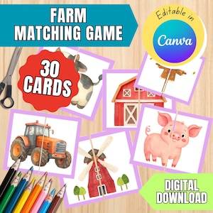 May include: A farm-themed matching game with 30 cards, featuring watercolor illustrations of a tractor, pig, cow, barn, and windmill. The game includes the text "Farm Matching Game" and "Digital Download."