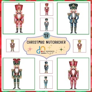 May include: A set of 18 digital images featuring various Christmas nutcracker designs. The nutcrackers are depicted in a variety of colors, including red, blue, green, and gold. Each nutcracker is wearing a traditional hat and uniform, and some are holding a weapon or a musical instrument. The images are perfect for crafting, scrapbooking, or other creative projects.