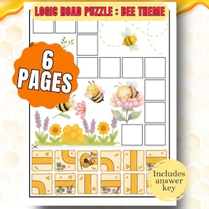 Puede incluir: Una hoja de actividades imprimible "Logic Road Puzzle: Bee Theme". La hoja presenta un rompecabezas con temática de abejas con ilustraciones de abejas, flores y un panal. La hoja incluye el texto "6 Pages" y "Includes answer key".
