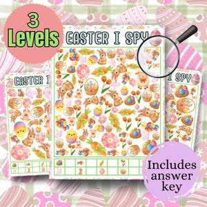 May include: Three Easter-themed I Spy game sheets with colorful illustrations of bunnies, eggs, carrots, and chicks. The text reads "3 Levels" and "Easter I Spy". A magnifying glass is included.
