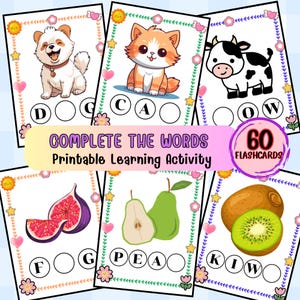 Complete the Word Flashcards - Atividade divertida de ortografia e escrita para crianças, aprendizagem do alfabeto para impressão, download digital instantâneo