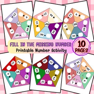 May include: A printable worksheet with 10 pages of math problems for kids. Each page features a colorful pentagon with numbers and math symbols. The worksheet is titled "Fill in the Missing Number Printable Number Activity".