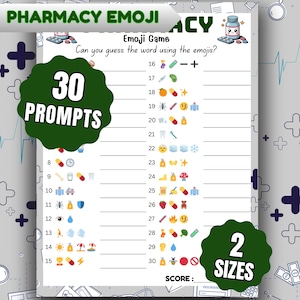 Könnte beinhalten: Ein weißes Spielblatt mit dem Text "PHARMACY EMOJI" und "Emoji Game". Das Blatt enthält 30 Eingabeaufforderungen mit Emojis, mit dem Text "30 PROMPTS" in einem grünen Kreis. Das Blatt hat auch den Text "2 SIZES" in einem grünen Kreis.