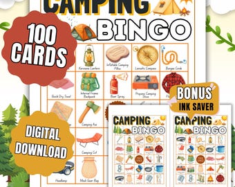 Camping Bingo Game, Wilderness Printable Bingo for Kids & Family, 100 Unique Cards Outdoor Nature Activity Campfire Party Digital Download