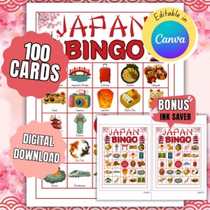 May include: A digital download of a Japan Bingo game with 100 cards. The game features illustrations of Japanese cultural elements like sushi, a kimono, and a lantern. The text "Japan Bingo" is in red, and the design includes a bonus ink saver.