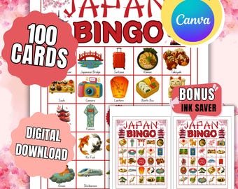 Japan Bingo Game Printable, 100 Unique Cards Large Group Activity, Tokyo Asian Culture Travel Party Games (PDF Download)