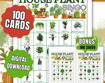 Jeu de bingo avec plantes d'intérieur, 100 cartes de bingo uniques plantes d'intérieur imprimables, activité de fête de jardin botanique mignonne, cadeau pour amoureux des plantes numérique