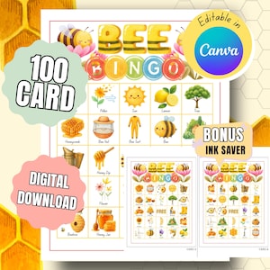 May include: A digital download of a Bee Bingo game with 100 cards. The game features colorful illustrations of bees, honeycombs, flowers, and other bee-related items. The text "Bee Bingo" is prominently displayed, along with the words "Digital Download".