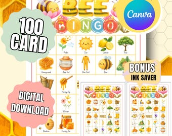 Bee Bingo Game, 100 Unique Bingo Cards, Honey Bee Party Activity, Kids Classroom Nature Game, Mom to Bee Baby Shower, Canva Editable