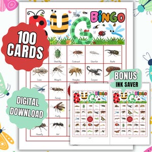 Puede incluir: Un juego de bingo de insectos con una cuadrícula de ilustraciones de varios insectos etiquetados como Stink Bug, Cockroach y Honeybee. El diseño incluye el texto 100 CARDS, BONUS INK SAVER y DIGITAL DOWNLOAD. El diseño muestra varias tarjetas.