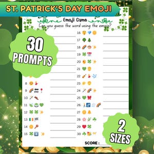 Op de afbeelding: Een St. Patrick's Day Emoji-spelblad met de tekst "St. Patrick's Day Emoji" bovenaan. Het blad bevat 30 emoji-prompts, de tekst "Emoji Game" en de tekst "Can you guess the word using the emojis?" in een groen en wit ontwerp.