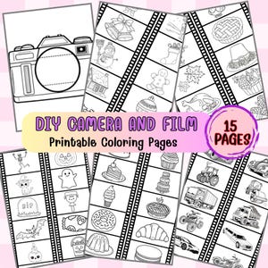 Puede incluir: Un conjunto de páginas para colorear imprimibles con un contorno de cámara, diseños de tiras de película e ilustraciones diversas. Las páginas incluyen imágenes de artículos festivos, comida y vehículos. El texto dice "DIY Camera and Film Printable Coloring Pages" y "15 Pages."
