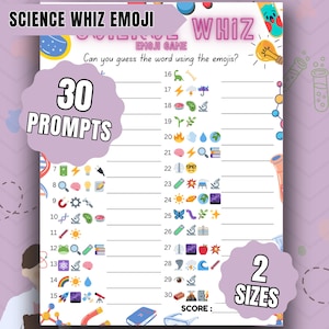 以下が含まれることがあります： 科学をテーマにした「Science Whiz Emoji」ゲームシート。30個の絵文字の組み合わせから科学用語を当てるクイズ形式で、タイトル、番号付きの回答欄、試験管や原子などのカラフルな科学イラストが白い紙面に印刷されています。
